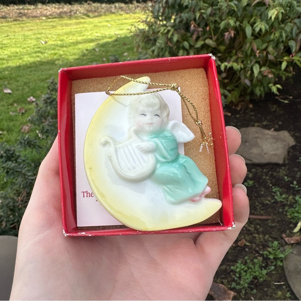Vintage Retro The Hand Painted Ceramic Angel on the Moon Christmas Tree Ornament